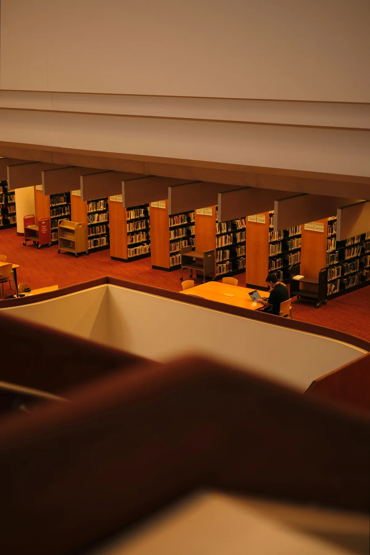 Perpustakaan riset dengan rak buku dan peneliti yang bekerja